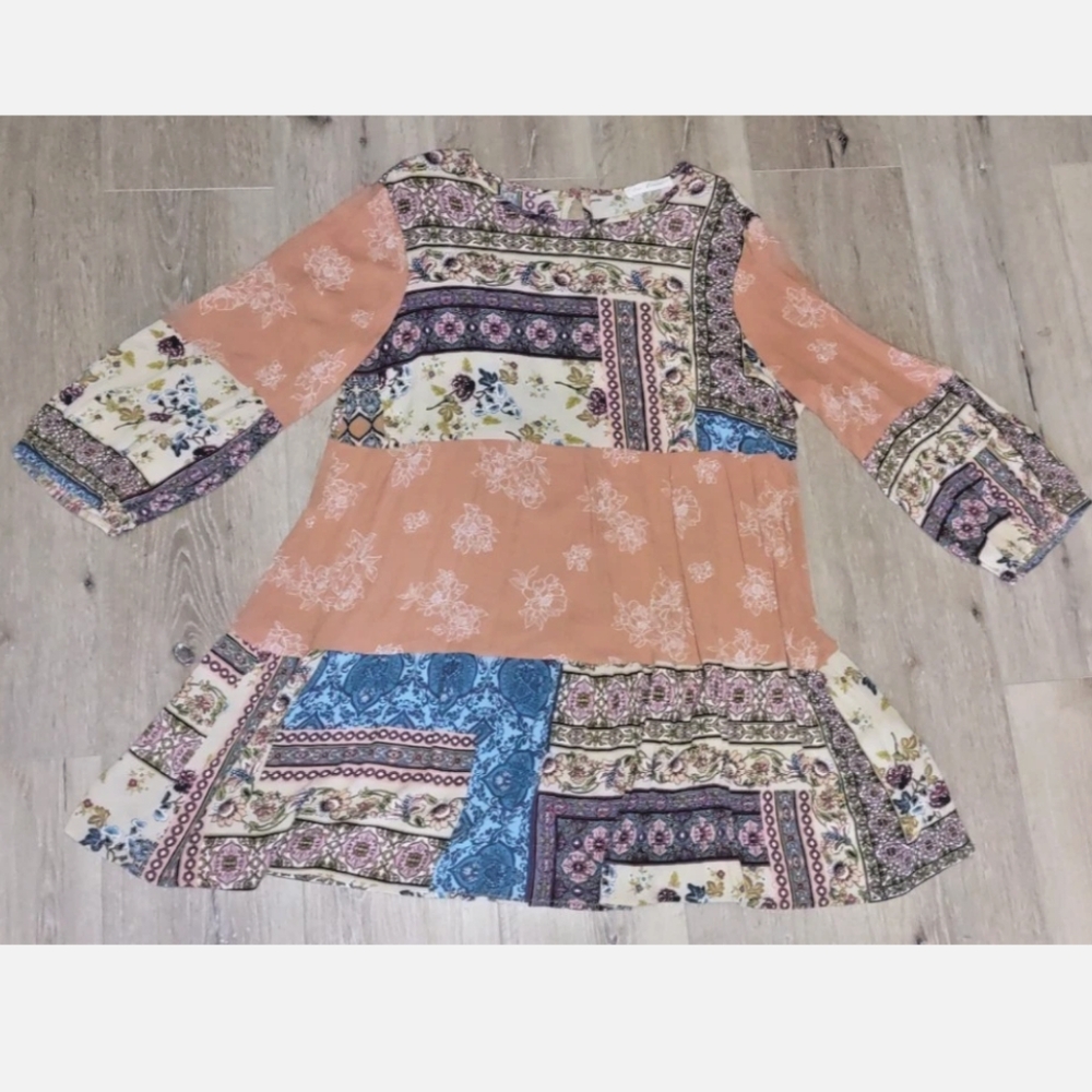 Floral Patchwork Dress with Bell Sleeves
